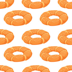 Seamless pattern with Turkish sesame bagel simit in cartoon. Perfect for breakfast cafe background, bakery, kitchen design, print, cafe menu, wrapping paper on white background.