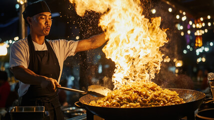 street vendor skillfully flips giant wok of sizzling noodles, creating dramatic flame display in vibrant night market