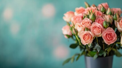 Fototapeta premium Pink roses with delicate petals are artistically arranged on a striking magenta backdrop, creating a stunning floral display that enhances the ambiance and adds charm