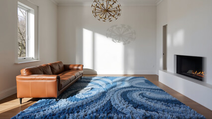 The living room is anchored by a luxurious, deep pile rug in varying shades of calming blue. A low slung sofa, upholstered in supple leather, invites relaxation