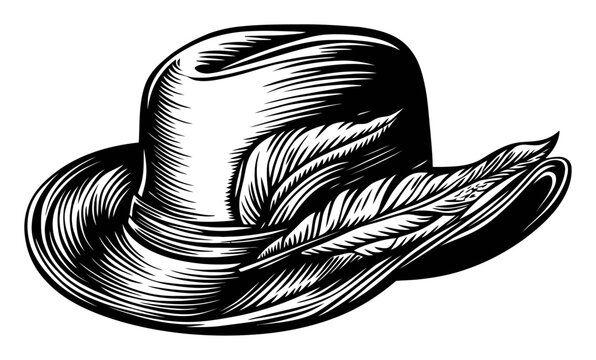 recommend clip art: Elegant Woodcut Style Hat Illustration with Feather Details