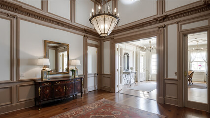 A grand entryway makes a statement with its soaring ceilings and intricate moldings. A vintage console table, adorned with antique brass hardware, anchors the space