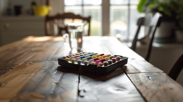 Colorful capsules in a pill organizer on a wooden table with a glass of water, representing daily medication routine for chronic illness management and health care.