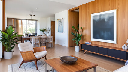 Fototapeta premium An open plan living area showcases a contemporary aesthetic with clean lines and a focus on natural materials
