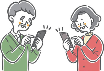 スマホを操作するシニア夫婦　上半身　ベクター