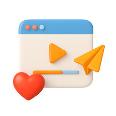 3D illustration of a web player window with heart, play button, and paper plane—ideal for media sharing and content platforms.

