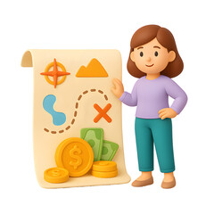 3D icon of girl standing with treasure map and coins, ideal for finance, planning, saving, and adventure or goal-setting themes.
