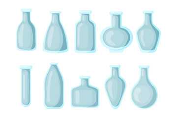 Set of glass empty bottle in flat style isolated on white background. Bottles for chemicals, perfumes, cosmetics. Vector illustration