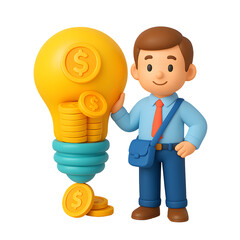 3D icon of businessman standing with lightbulb full of coins, symbolizing business idea, profit, and financial innovation.
