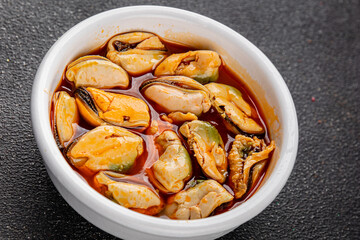 Mussels canned seafood appetizer dish organic product fresh tasty gourmet food background on the table rustic food top view copy space keto paleo pescetarian diet vegetarian food