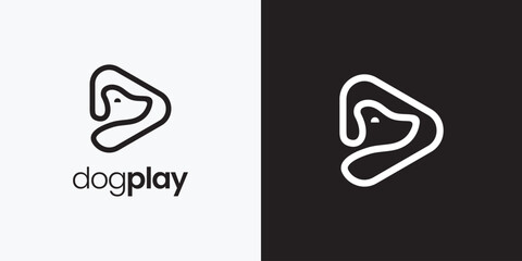 dog head play button logo with simple and modern lines vector illustration.eps