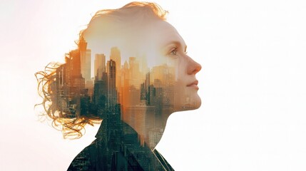 Woman with Cityscape in Double Exposure Blending Technique