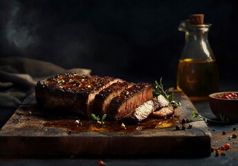 Sliced, juicy steak with spices and oil on a wooden board, against a dark background. This image was the winner of a stock photo contest, showcasing professional food photography for product advertise