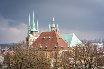 Close-Up View of Erfurt Cathedral and Severikirche under Dramatic Sky, Germany, Erfurt