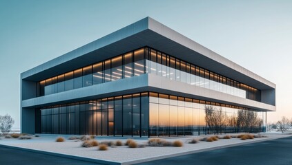 Obraz premium Modern, minimalist office building with expansive glass facade. A contemporary structure, featuring sleek lines and large windows, designed for a modern workplace
