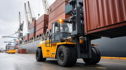 Naklejka premium Efficient Dockside Operations with Forklift and Cargo Ship
