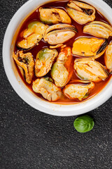 Mussels canned seafood appetizer dish organic product fresh tasty gourmet food background on the table rustic food top view copy space keto paleo pescetarian diet vegetarian food