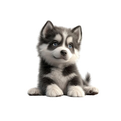 Adorable Husky Puppy Sitting, Looking Up with Blue Eyes