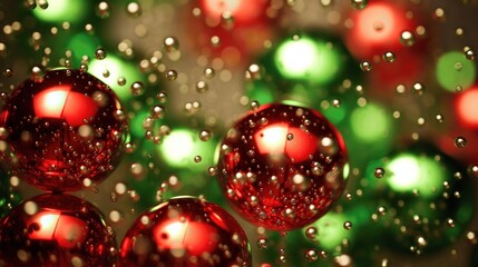 Festive Red and Green Orbs with Bubbles in Sparkling Background
