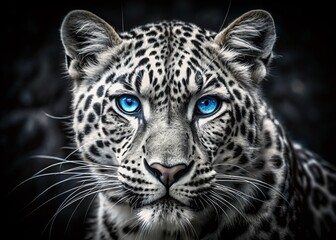 Fototapeta premium Majestic Black and White Leopard with Striking Blue Eyes - AI Generated Stock Photo