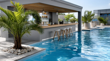 Rooftop Poolside Bar with Palm Trees