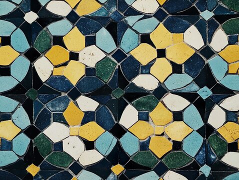 A traditional geometric tile pattern features interlocking shapes in blue, yellow, white, and green, creating a complex and decorative mosaic surface with an aged texture.