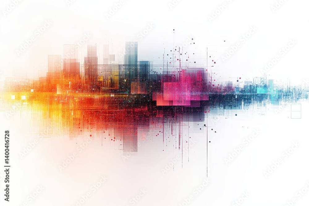 Poster Colorful abstract wave with glowing particles representing energy and motion in digital art, created in a vibrant color palette and soft gradient style