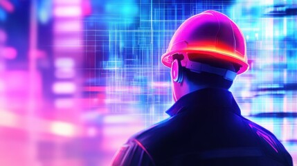 Worker in safety helmet observing vibrant digital landscape with glowing elements and data