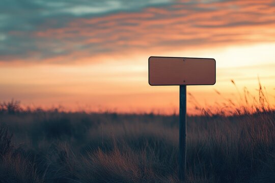 A wooden signpost standing in tall grasses during a sunset