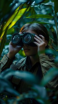 A young explorer looking through night vision goggles in a jungle