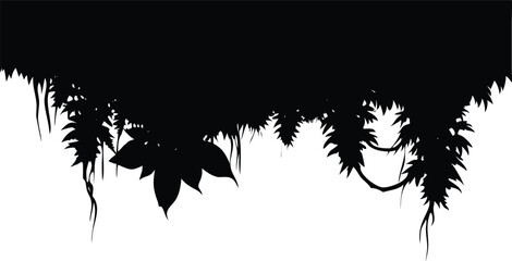 Jungle Canopy Silhouette with Hanging Vines and Leaves on Transparent Background
