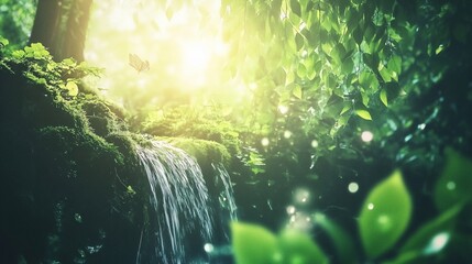 Obraz premium Enchanted Waterfall in Lush Forest: A Serene Escape into Nature's Embrace