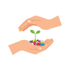 Hands of Hope: A symbolic illustration of hands cradling a sapling growing from colorful pills, evoking themes of health, medicine, and nurturing life.
