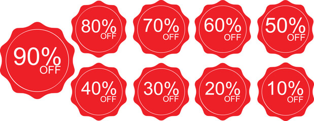 Sale off tag Discount , 10, 20, 30, 40, 50, 60, 70, 80, 90 percent. Set label symbols offer emblem, badge price discount number. Flat offer stamp, sticker clearance with present sale. Vector illustrat