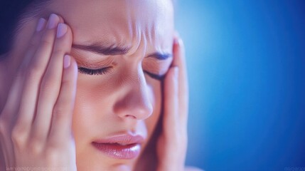 Fototapeta premium A young woman stands in a softly lit room, visibly tense as she presses her temples with her fingers. Her expression conveys a feeling of anxiety or discomfort, suggesting inner turmoil