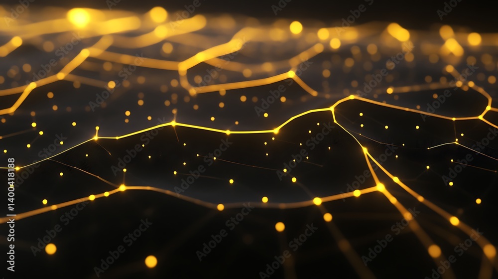 Poster abstract representation of interconnected golden lines and dots on a dark background, creating a sen