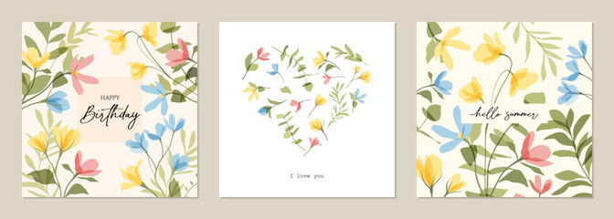 Botanical frame, border of vector cute transparent flowers. Bouquet and heart of colorful wildflowers. Floral templates for invitation, birthday, Mother s Day, Valentine s Day, social media post, card
