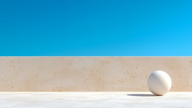White sphere on beige stone floor against blue sky
