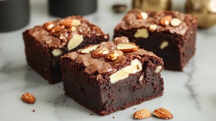 Rich fudgy brownies with roasted almonds, perfect for enjoying with a hot beverage
