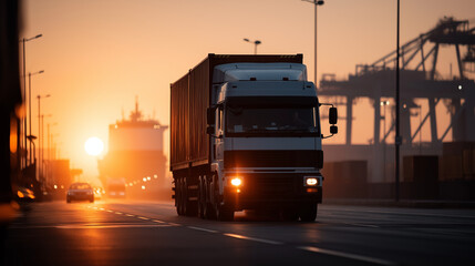 Sunrise at the Port with Container Truck in Motion