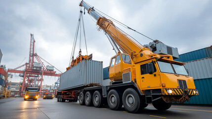 Industrial Crane Loading Container onto Truck at Port