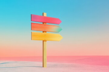 Colorful directional signpost standing in a pastel colored landscape scene