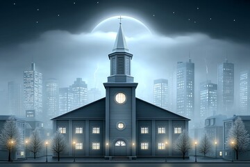 Fototapeta premium A dark cathedral looming over a city skyline with dramatic clouds and lightning in the distance