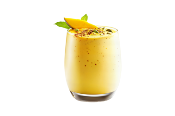 Refreshing mango lassi yogurt drink in a clear glass with mango slice and green leaf garnish isolated on transparent background