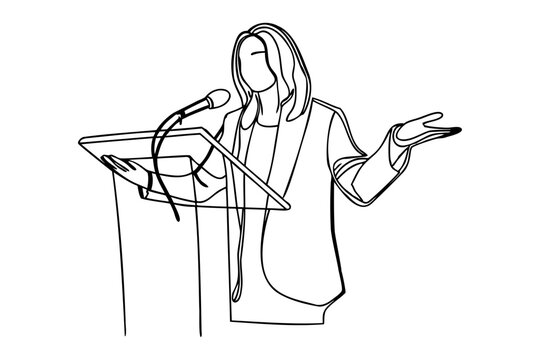 one line drawing of speech presentation by woman with glass event speaker, vector illustration 