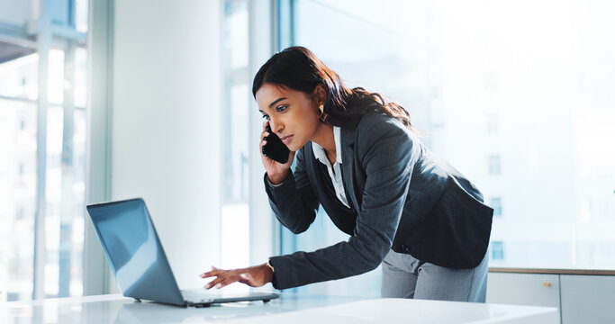 Phone call, typing and laptop with business woman in office for stock broker, negotiate funds and client contact. Financial advisor, planning and portfolio manager with person for investment review