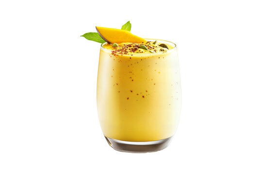 Refreshing mango lassi yogurt drink in a clear glass with mango slice and green leaf garnish isolated on transparent background