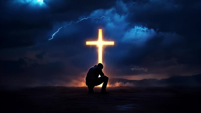 Man Praying Before Glowing Cross During Storm - A silhouetted man kneels in prayer before a luminous cross during a dramatic thunderstorm. Rain falls as lightning illuminates the dark sky.