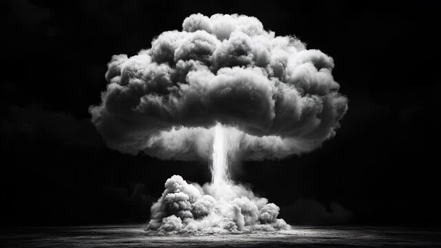 Monochrome Nuclear Explosion Cloud - A dramatic black and white video depicts a mushroom cloud from a nuclear explosion against a dark background. The cloud is detailed, showing texture and density