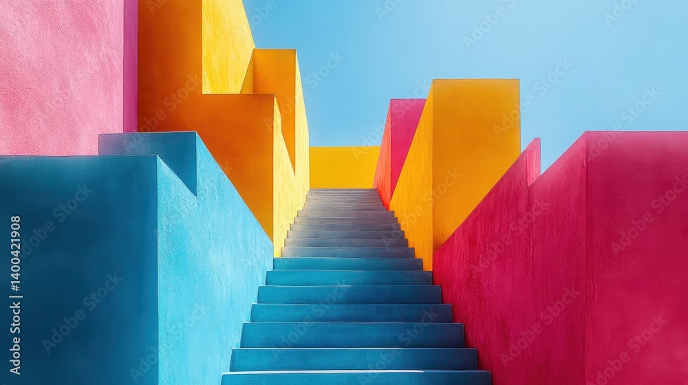 Aufkleber brightly colored staircase leads upward in a vibrant architectural setting under a clear blue sky du